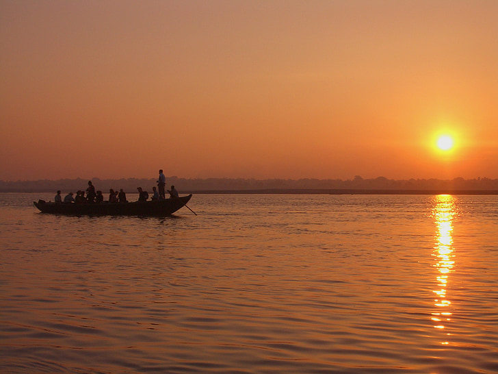 indiano, Ganges, Rio, amanhecer, Crepúsculo, pôr do sol, água