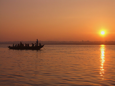 indiai, Gangesz, folyó, Hajnal, alkonyat, naplemente, víz