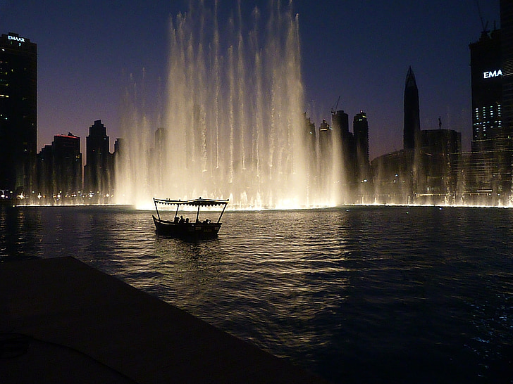 fountains, boat, culture, dubai, skyline, nightscene