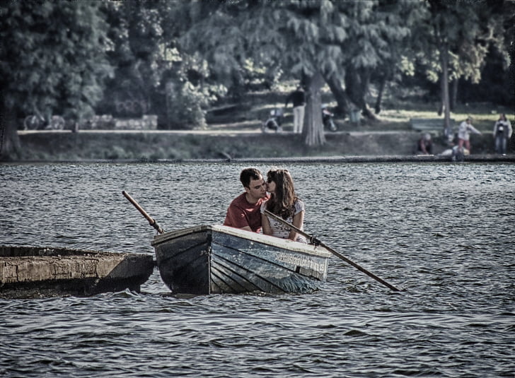 вода, лодка, двойка, Любов, Целувка, Herastrau, Румъния