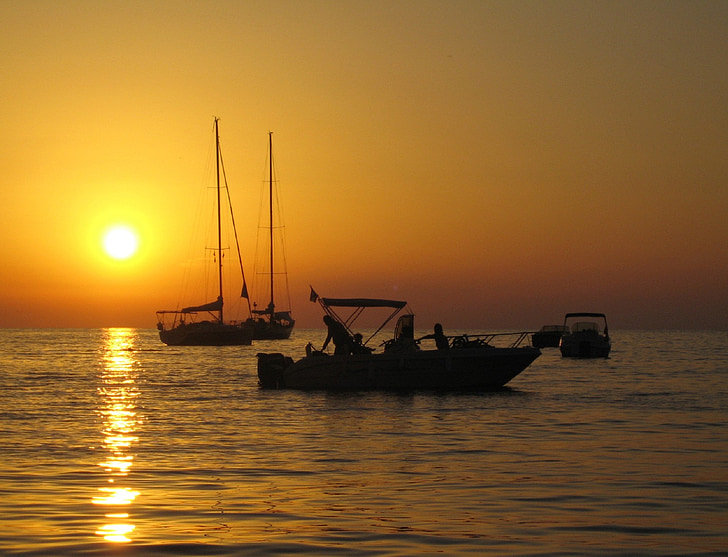 sunset, ocean, boats, sailboat, sea, reflection, water