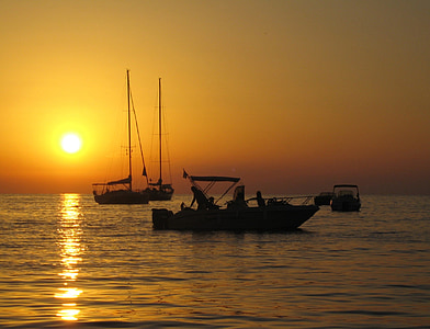 solnedgang, hav, båter, seilbåt, sjøen, refleksjon, vann