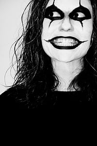 black-and-white, clown, crazy, creepy, fear, feeling, grinning