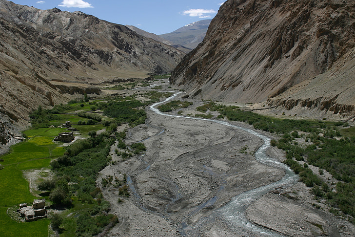 valley, river, ladakh, water courses, field, hiking, mountain