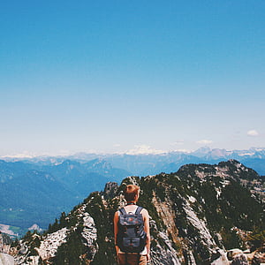 woman, backpack, standing, mountain, cliff, viewing, mountains