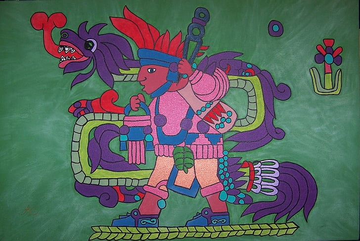 Quetzalcoatl, Aztec, kulkulcan, spalvainajām čūsku, akrils, kanva, Incas