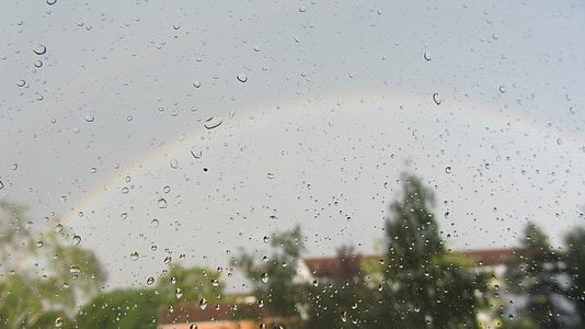 Gökkuşağı, ıslak, manzara, yağmur, damla, pencere