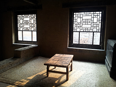rum, fönster, tabell, gamla, möbler, historia, Kina