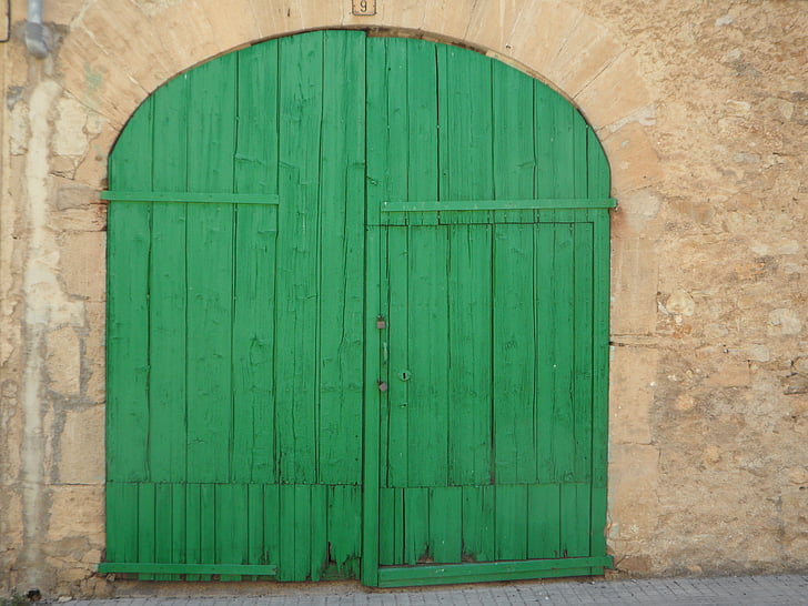 roheline, uks, eesmärk, hingedega uks, vana, sisend, hoone