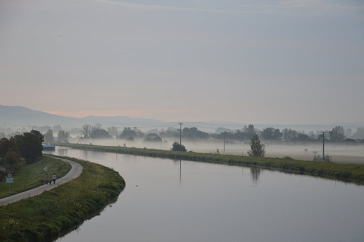 canal, eau, brouillard, serrure, principal canal de danube