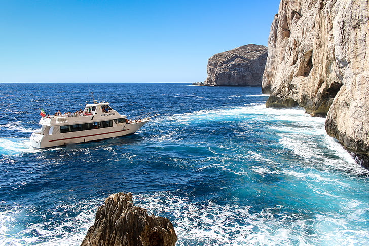 Capo cacc, Σαρδηνία, Ιταλία, sziklafok, στη θάλασσα, πλοίο, βράχια