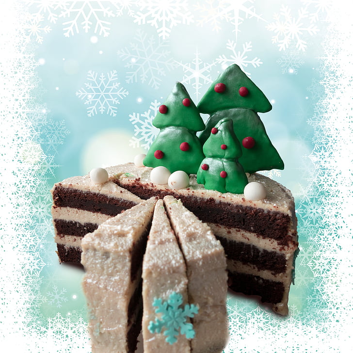 cake, christmas, winter, fir, snow, crystal, delicious