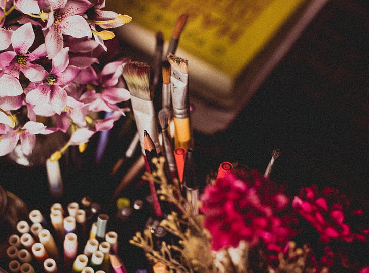 flores, Cor, lápis, tinta, escova, flor, close-up