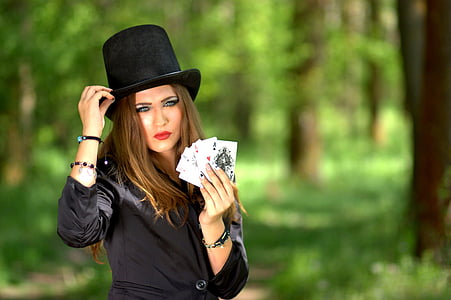 девочка, цилиндр, игральные карты, Удача, покер, туз