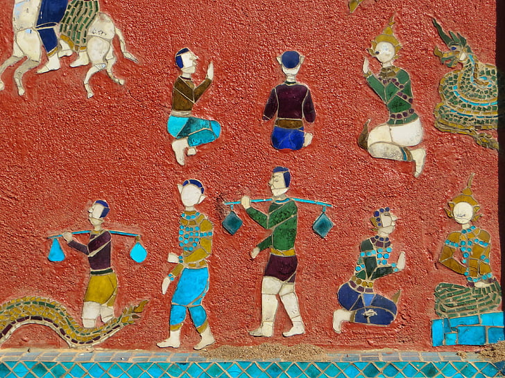 Laos, Luang prabang, soukharam de sen TVA, mozaic, pictura murala, caractere, povestiri
