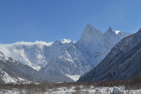 góry, Kaukaz, zimowe, krajobraz, góry, śnieg, Natura