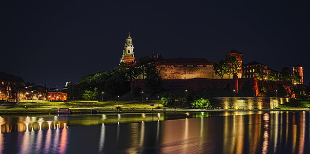 Polônia, Cracóvia, Wawel, Wisla, à noite, arquitetura, Rio