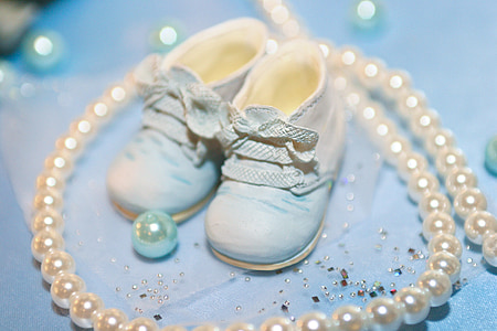 dětské boty, světle azurová modrá, Perla velké ceny, náhrdelník, móda, boty, Svatba