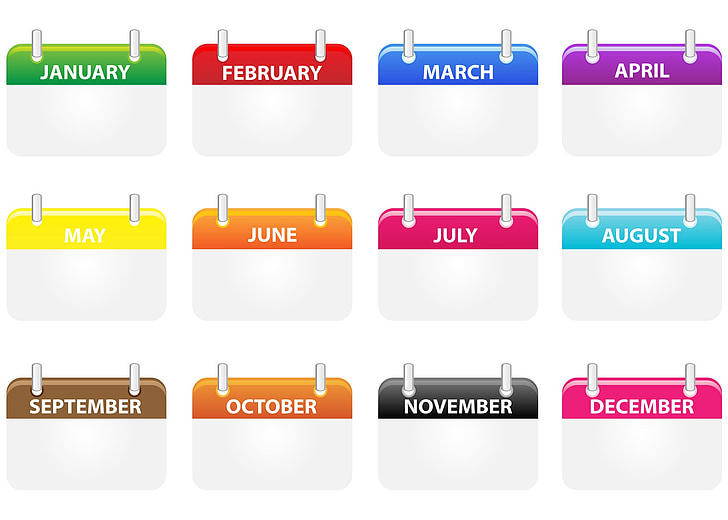 Kalender, ikoner, Kalender ikoner, måned, måneder, fargerike, symbolet