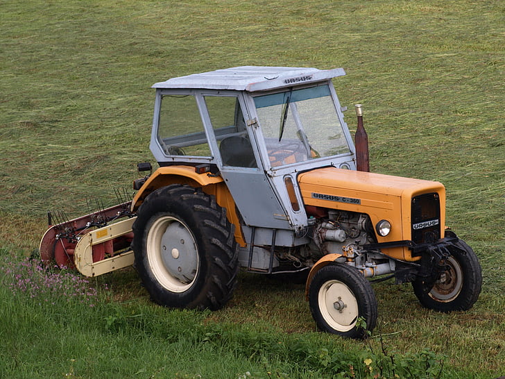 traktors, ciems, strādā uz lauka, zāle, pļavas, lauksaimniecības mašīnu, Polija ciems