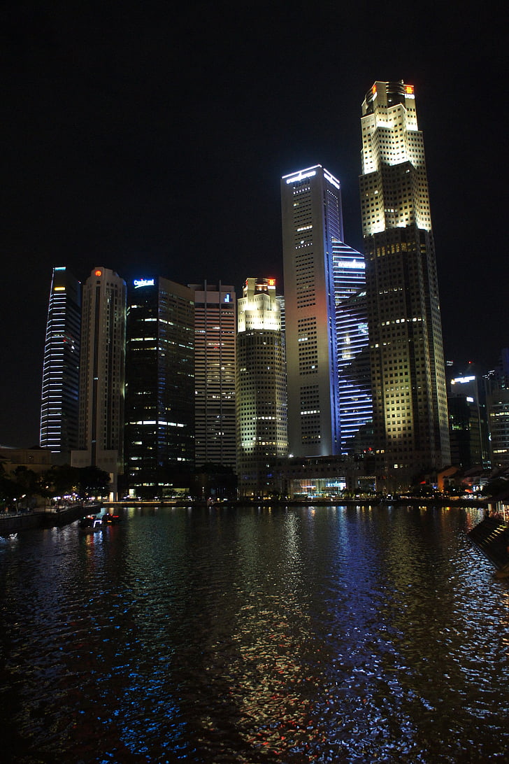 Singapore, arkitektur, Asia, natt, moderna, byggnad, skyskrapa