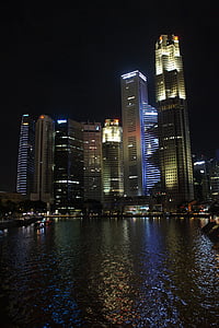 싱가포르, 아키텍처, 아시아, 밤, 현대, 건물, 스카이 스크 래퍼