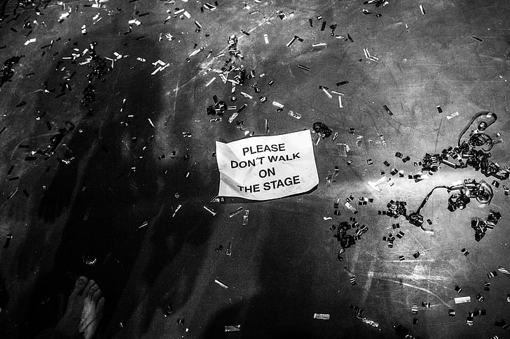 confetti, sign, don't walk, don't, please, paper, black and white