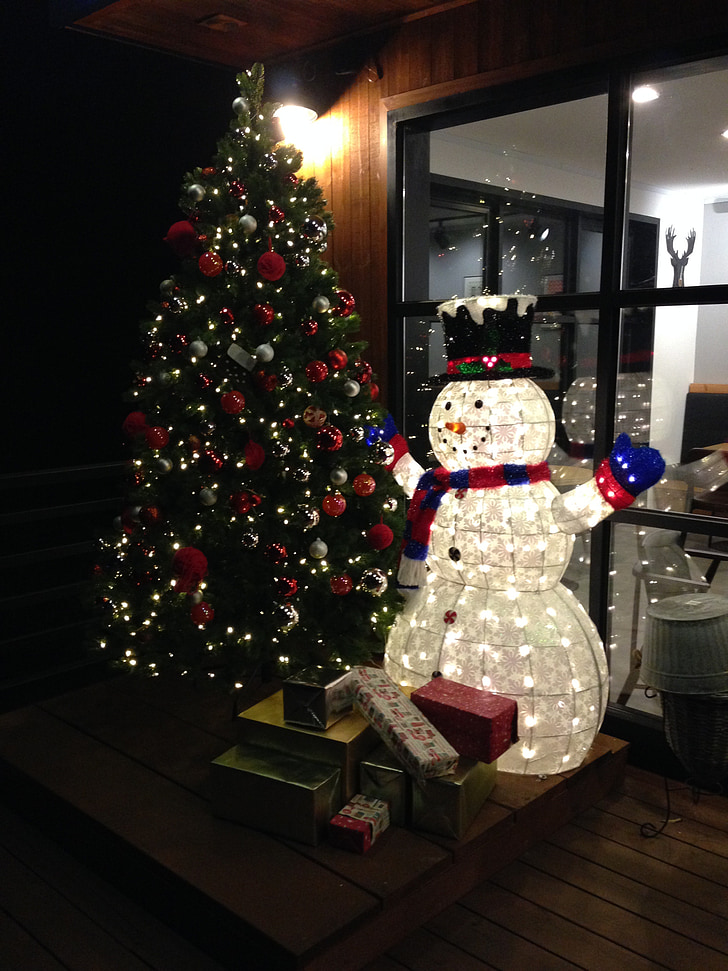 tree, christmas, snowman, cafe