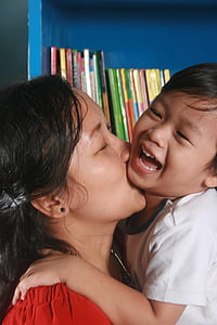 mother, son, kiss, library, happy, kid, child
