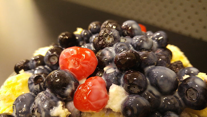 blueberry, cherry, ice, shaved ice, fruit, ice cream, syrup