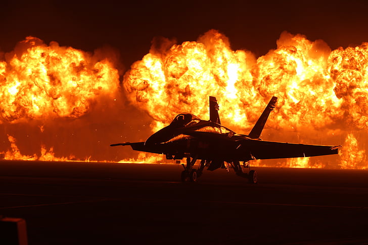 spectacle aérien flammes, pyrotechnie, avion, Jet, Blue angels, f-18, Hornet