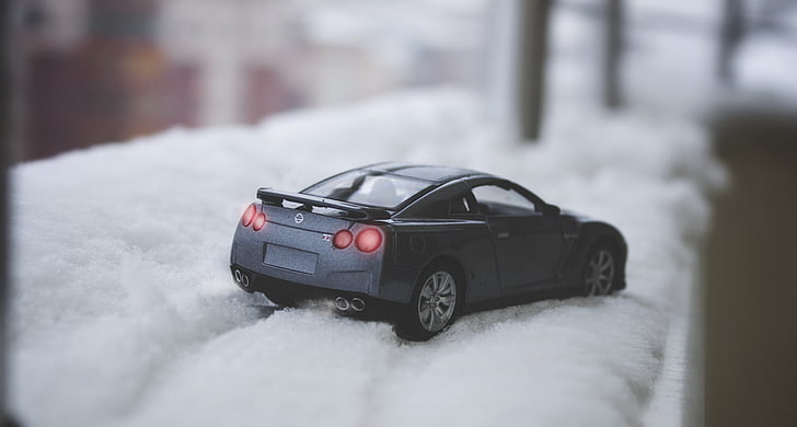 froide, glace, macro, miniature, neige, voiture jouet