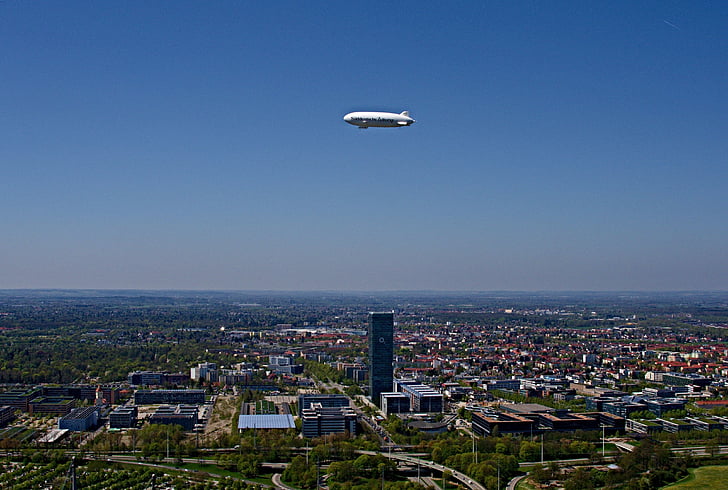 Zeppelin, sueddeutsche, Miunchenas, Olimpinis parkas, dangus, dirižablis, Architektūra