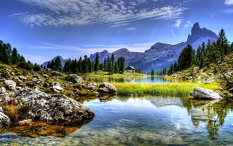 dolomites, mountains, lake, italy, hiking, nature, alpine