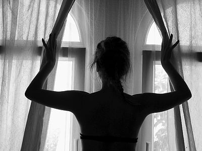 women, window, home, back, silhouette, rear view, one person