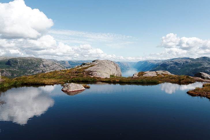top, view, lake, mountain, background, blue, skies
