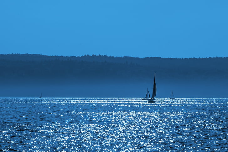 Lago de Constanza, barco de vela, arranque, puesta de sol, azul, hora, agua
