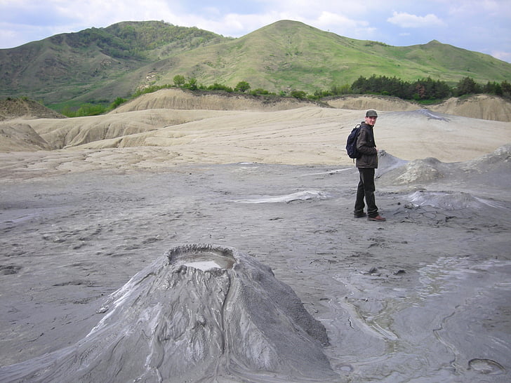 clay volcano, sludge, travel, wild nature, mountain, tourist, green hill