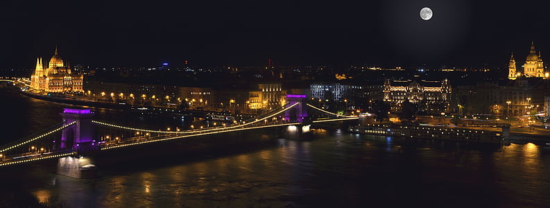 Vào ban đêm, Budapest, huấn luyện viên, Chuỗi bridge, sông Danube, ánh sáng, nước