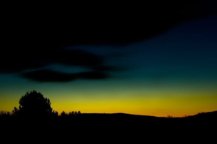 sunset, dusk, twilight, colorful, green, yellow, silhouettes