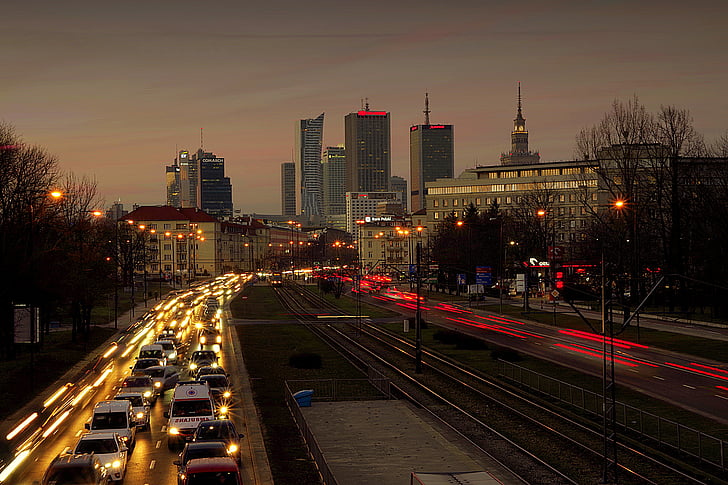 Varšuva, Miestas, gatvė, eismo, naktį, Saulėlydis, dangoraižių
