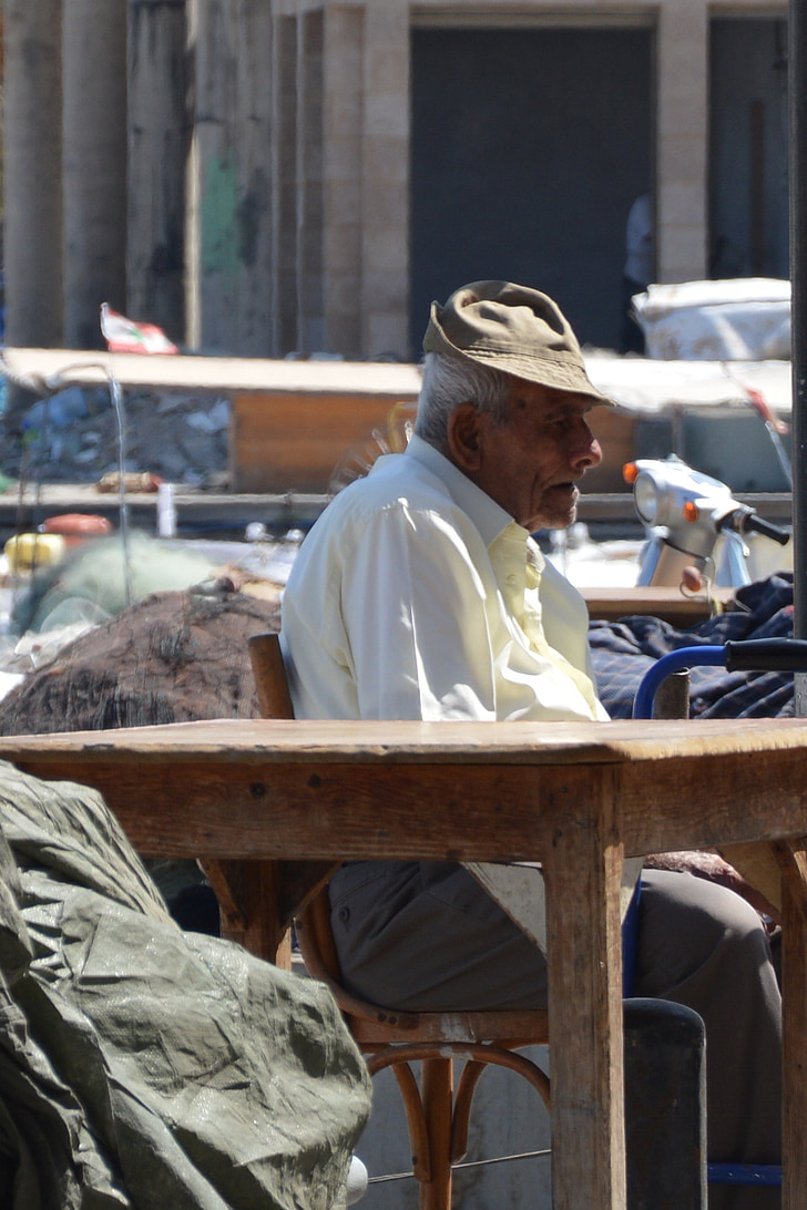 old man, old, rest, port, break, hat, thinking