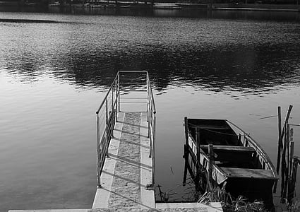 barca, molo, Lago, acqua, relax, Marina, bianco e nero