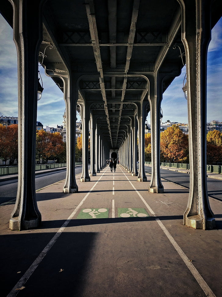 bicycle, lane, pathway, bridge, urban, city, people