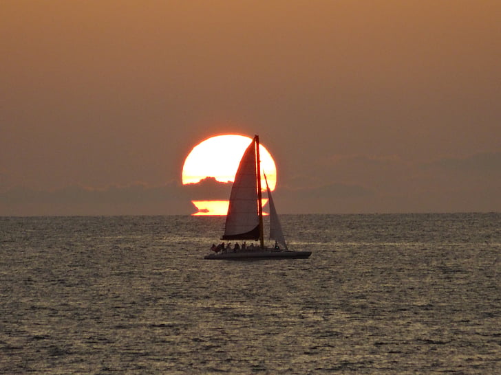 båt, solnedgång, Mar, stranden, Horisont