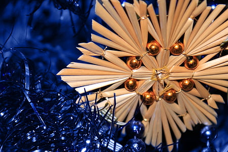 halm, stjärnigt, jul, Xmas, dekoration, blå