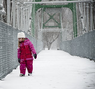 djevojka, snijeg, most, roza, Zima, mrvica, znatiželjan