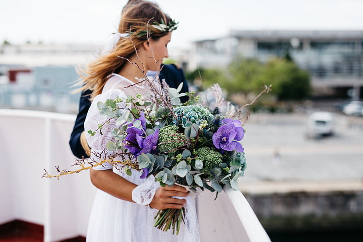 woman, holding, purple, bouquet, flower, people, bride