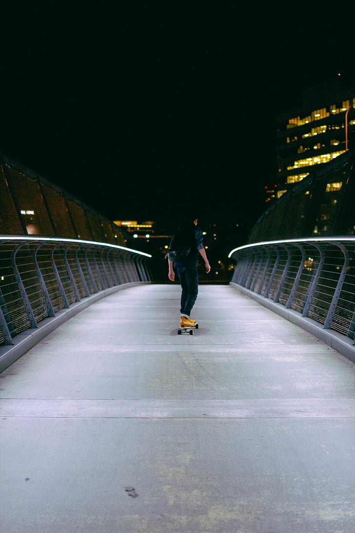 person, riding, skateboard, bridge, nighttime, skateboarder, night
