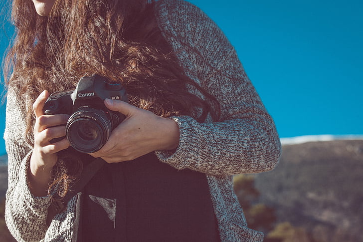 Canon, aparat de fotografiat, DSLR, lentilă, fotograf, fotografie, fată